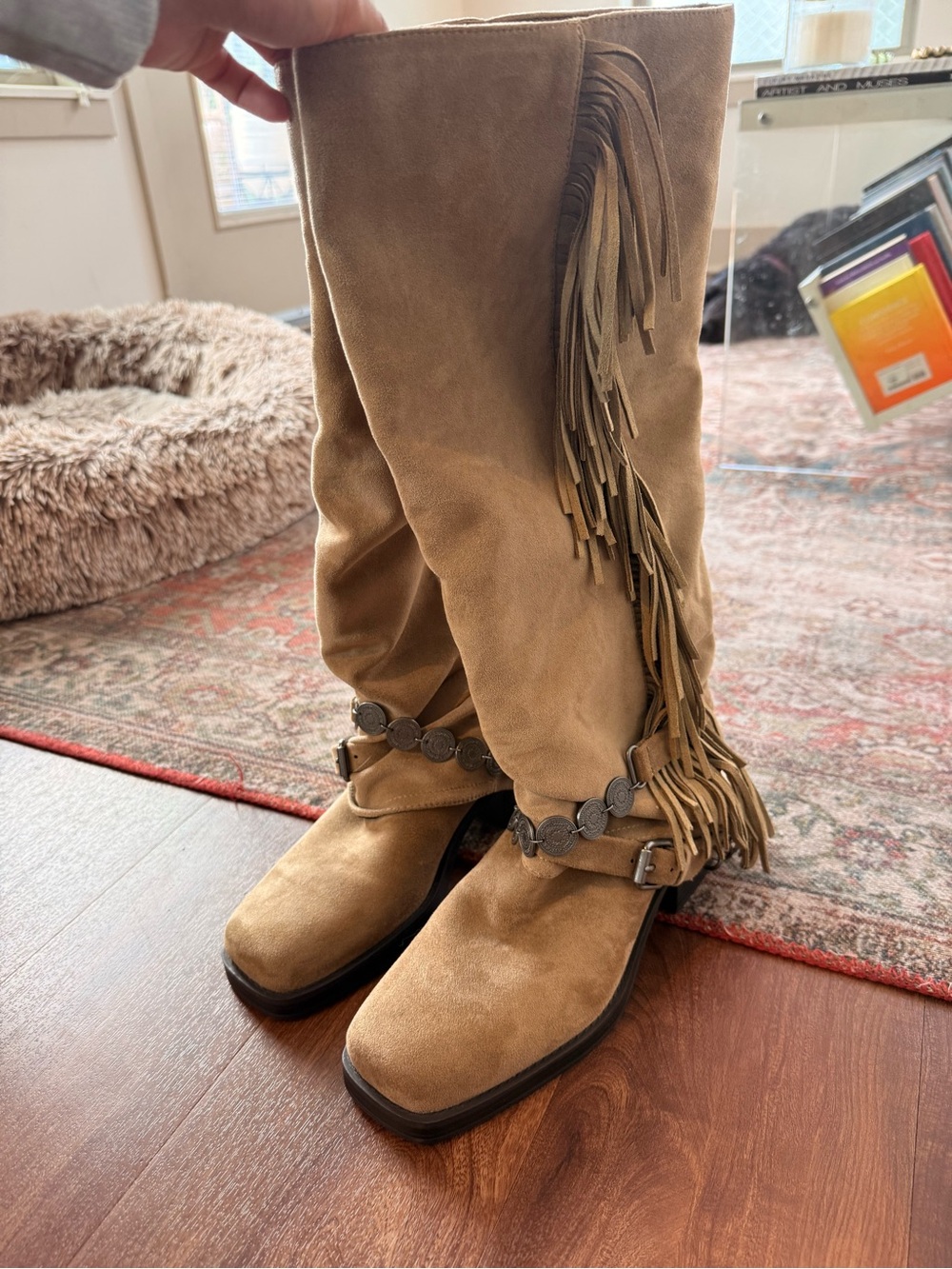 Bershka Tan Suede Fringe Knee-High Heeled Boots